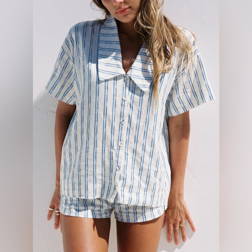 BNWT Princess Polly Goody Linen Button Front Top Blue Stripe 12